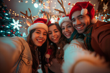A group of friends wearing Santa hats and reindeer antlers gather together for a joyful holiday selfie, surrounded by festive decorations and lights
