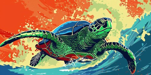 Abstract colorful sea turtle swimming.