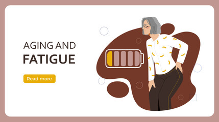 Aging fatigue poster. Elderly woman with low energy holding her back. Senior and pensioner with emotional burnout. Scoliosis and osteochondrosis. Flat vector illustration isolated on red background