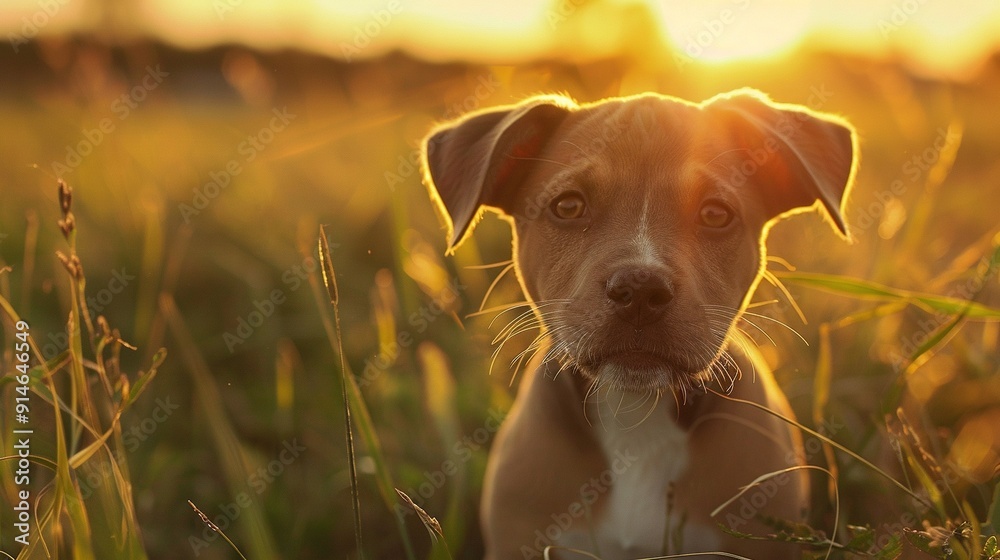 Canvas Prints   Close-up of a dog in a field of grass with sunlight filtering through the blades in the background