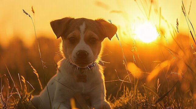   A brown and white dog rests on a green field beside tall, dry grass - Powered by Adobe