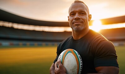 Rugby League Player Holding a Rugby Ball on an Empty Stadium Field at Sunset