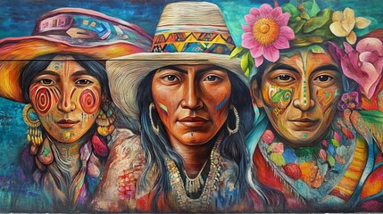 Fototapeta premium Vibrant mural depicting three indigenous individuals adorned with traditional attire and ceremonial face paint, showcasing cultural pride.