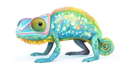 Obraz premium Cartoon chameleon changing colors on a white background
