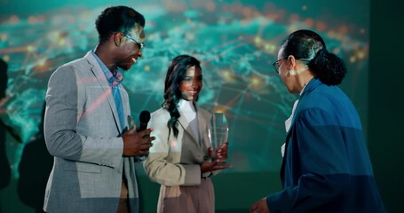 Business, people and handshake for award success at solar presentation, thank you and achievement of promotion as winner. Women, man and announcement, prize trophy and celebration of convention goal