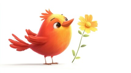 Cheerful cartoon bird with a flower on a white background