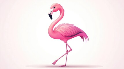 Fototapeta premium Cute cartoon flamingo standing on one leg on a white background