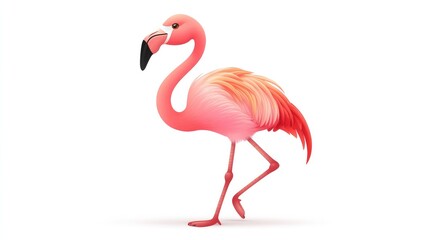 Obraz premium Cute cartoon flamingo standing on one leg on a white background