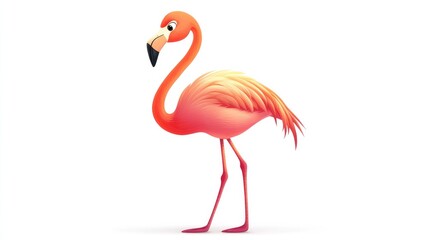 Fototapeta premium Cute cartoon flamingo standing on one leg on a white background