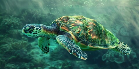 Obraz premium A sea turtle swims through clear water.