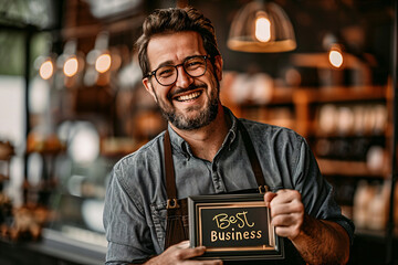 Smiling Shop Owner Holding a Best Business Award