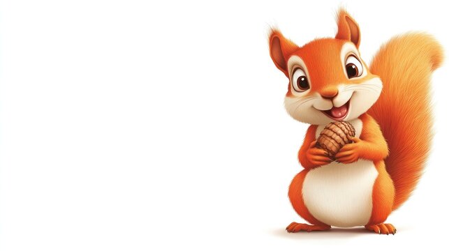 Cute cartoon squirrel holding an acorn on a white background