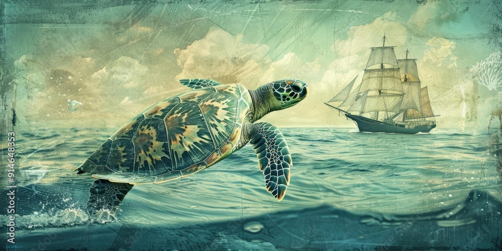 Sticker sea turtle swims past a ship.