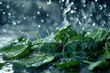   A macro shot of various lush foliage submerged in water, adorned with droplets cascading from their tips