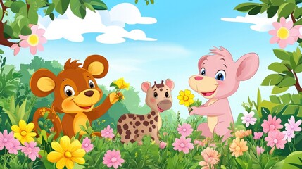 Naklejka premium Cartoon animal friends picking flowers in a colorful spring garden