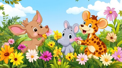 Cartoon animal friends picking flowers in a colorful spring garden