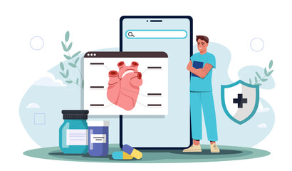 Cardiologist online concept. Man in medical uniform stands near smartphone with heart. Examination of internal organs. Diagnosis and treatment. Healthcare and medicine. Flat vector illustration