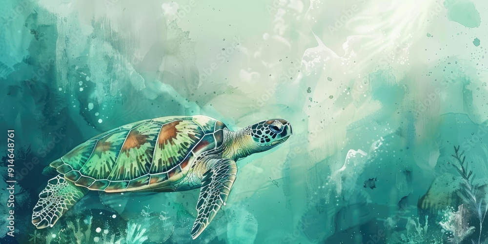 Poster sea turtle swimming in turquoise water.