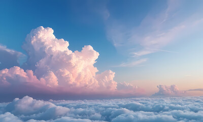 fantasy blue sky with colorful pink clouds background. Cotton Candy Clouds in a Dreamlike Atmosphere for product display podium. Dreamy Cloudscape in the horizon.