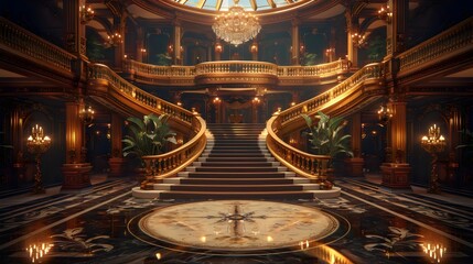 Fototapeta premium A large, ornate ballroom with a chandelier hanging from the ceiling