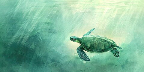 Obraz premium Sea turtle swimming in green water.
