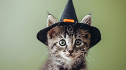Adorable Kitten Dressed as a Witch for Halloween.