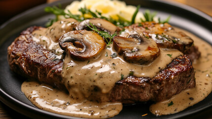 The juicy steak is covered in a creamy mushroom sauce that fully highlights its flavor. The sauce, in which pieces of delicate mushrooms are clearly visible, is thick and aromatic.