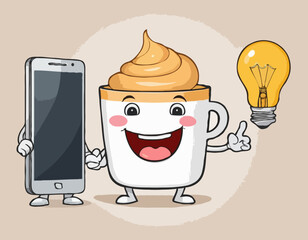 Illustration cartoon character cute coffee cup with Mobile phone and light bulb. illustration flat style. Suitable for coffee product promotion, prints design. design template vector
