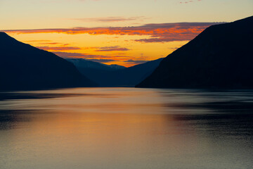 Summer night of the Årdalsfjorden Fjord in Western Norway.