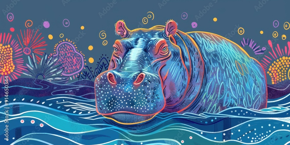 Poster colorful hippopotamus swimming in blue water.