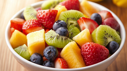 Obraz premium Fresh, nutritious fruit salad delights with colors and flavor. Contains juicy pieces of apples, grapes, oranges and strawberries, which are carefully mixed with the addition of mint leaves.