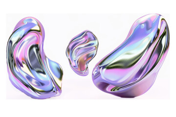 Y2K 3 Melty holographic shapes isolated on transparent background. Spilled liquid metal drops. Futuristic metallic puddles, abstract 3d purple chrome shapes	