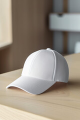 Fototapeta premium White Baseball Cap on Wooden Surface.