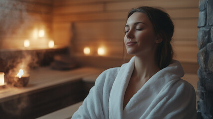 In the sauna, a fair-skinned woman in a comfortable bathrobe relaxes and enjoys a moment of relaxation. Her relaxed facial expression and comfortable posture show how the sauna promotes regeneration.
