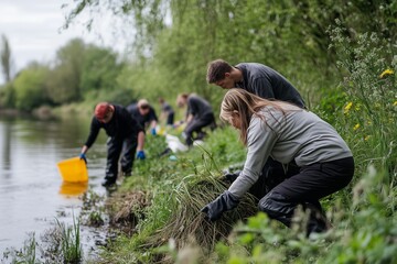 Community Volunteers Removing Invasive Plants Along The Riverside At A Local Park