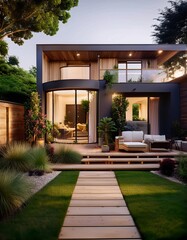 Fototapeta premium the exterior of a standard family home surrounded by fine grass.,generative ai