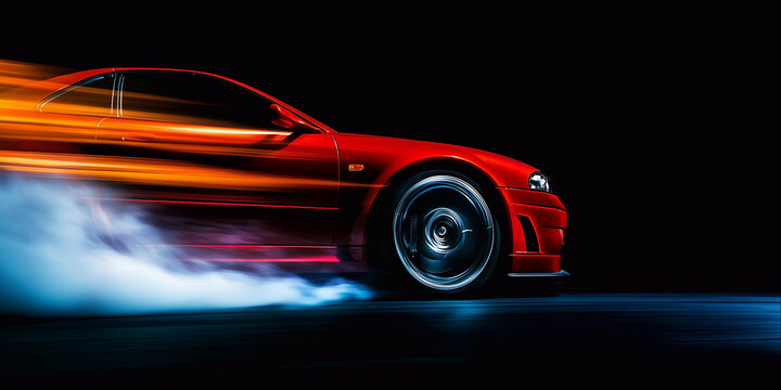 Tuned sport car riding extremely fast with smoke and light trails on black background. Generative ai 