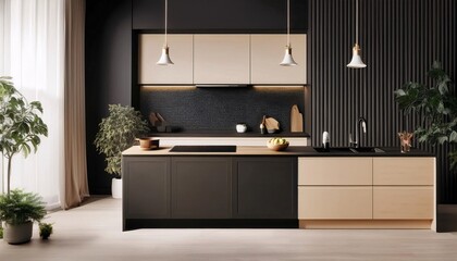 Modern and minimalist kitchen interior with a combination of black and cream,generative ai