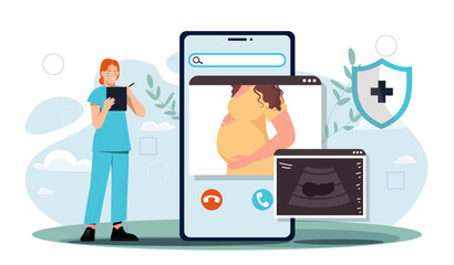 Doctor with expecting baby. Woman in medical uniform examines young girl with big belly. Consultation with gynecologist for pregnant women. Flat vector illustration