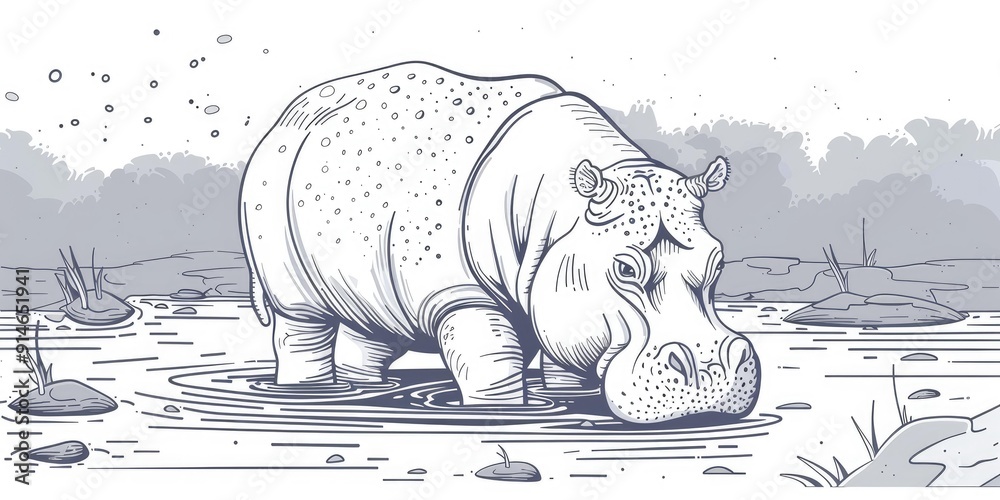 Sticker hippopotamus wading in water, line art.