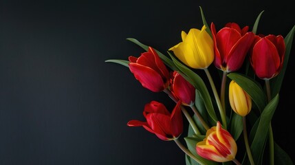 Fototapeta premium Big tulip bouquet with red and yellow flowers on black; holiday postcard, calendar, spring copy space