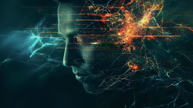 A young man, possibly Caucasian, with a serious expression is surrounded by intricate digital networks and fiery designs. The dark background contrasts with vibrant sparks, creating a futuristic