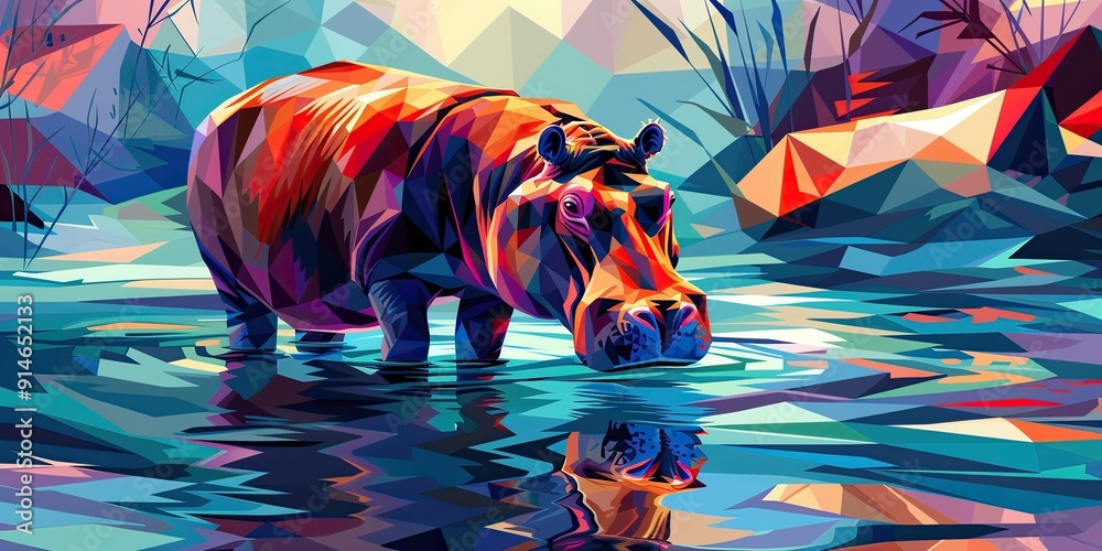 Poster abstract polygonal hippopotamus in water.