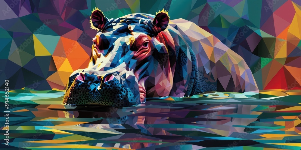 Poster Geometric polygonal hippopotamus in water.