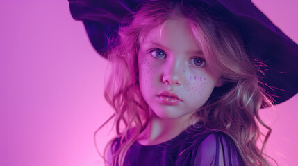 Fototapeta premium Little girl in witch costume ready for Halloween. Pastel purple background.