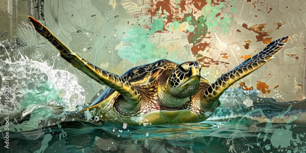 Poster sea turtle swimming through abstract water.