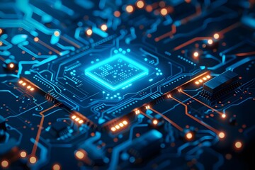 A blue circuit board with a chip glowing in the center, surrounded by various wires and connections. The background is dark and blurred to emphasize the central focus of the picture. 