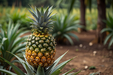 Obraz premium Fresh, organic pineapple with a blurred green farm backdrop