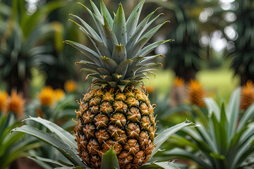 Obraz premium Fresh, organic pineapple with a blurred green farm backdrop