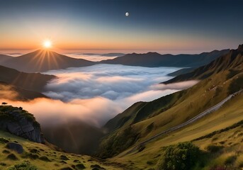 Obraz premium Beautiful sunrise in the cloudy mountains. Nature background and wallpaper